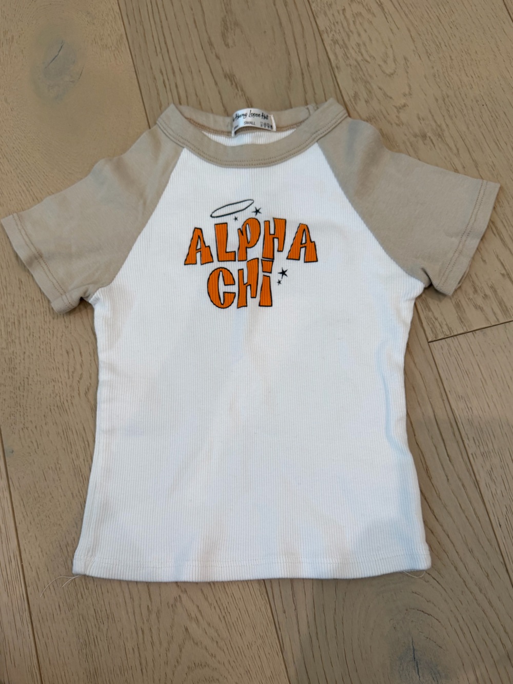 Alpha Chi Short Sleeve Raglan Tee - White with Beige Sleeves